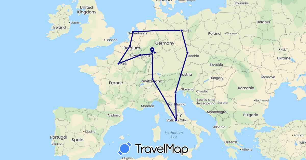 TravelMap itinerary: driving in Belgium, Switzerland, Czech Republic, Germany, France, Italy, Luxembourg, Netherlands, Vatican City (Europe)